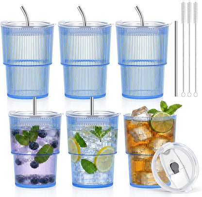 4 Pcs 20oz Plastic Ribbed Tumblers with Lid and Straws Blue Plastic Reusable Iced Coffee Cups with Lid Unbreakable Vintage Ribbed Drinking Glasses Tumbler for Juice Smoothie Beverage with Clean Brush