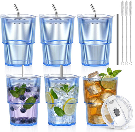 4 Pcs 20oz Plastic Ribbed Tumblers with Lid and Straws Blue Plastic Reusable Iced Coffee Cups with Lid Unbreakable Vintage Ribbed Drinking Glasses Tumbler for Juice Smoothie Beverage with Clean Brush