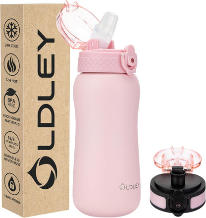 Oldley Insulated Water Bottle 20oz for Adults Kids Stainless Steel Water Bottles with Straw/Chug/Carabiner 3 Lids Fruit Strainer Double Wall Vacuum Wide Mouth BPA Free Leak-Proof for School Travel