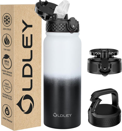 Oldley Insulated Water Bottle 20oz for Adults Kids Stainless Steel Water Bottles with Straw/Chug/Carabiner 3 Lids Fruit Strainer Double Wall Vacuum Wide Mouth BPA Free Leak-Proof for School Travel