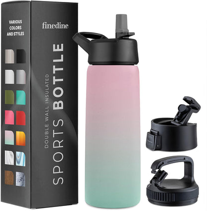 FineDine Water Bottle - Stainless Steel Insulated Water Bottle with Straw Lid, Flip Lid & Wide-Mouth Cap - Keeps Hot and Cold - 25 Oz / 739ml - Dreamy Purple