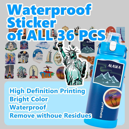 Insulated Water Bottle with Lid & Boot & Stickers, 24 oz Stainless Steel Sweat Free Bottle Keep Cold 24H, BPA-Free Sports Wide Mouth Water Bottle, BlueBlack