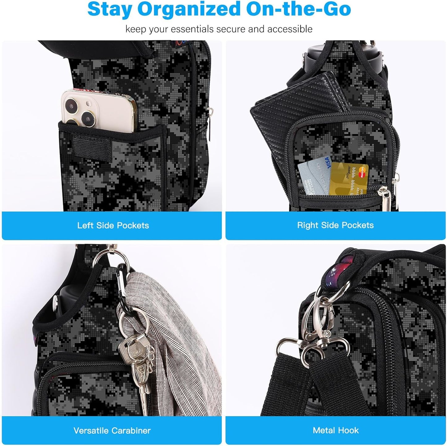 icolor Magnetic Gym Bag Water Bottle Carrier Holder with Phone Pockets & Shoulder Strap,Gym Magnetic Bag 5 Built-in Magnets Gym Accessories Organizer Sling Bottle Bag Pouch Sleeve