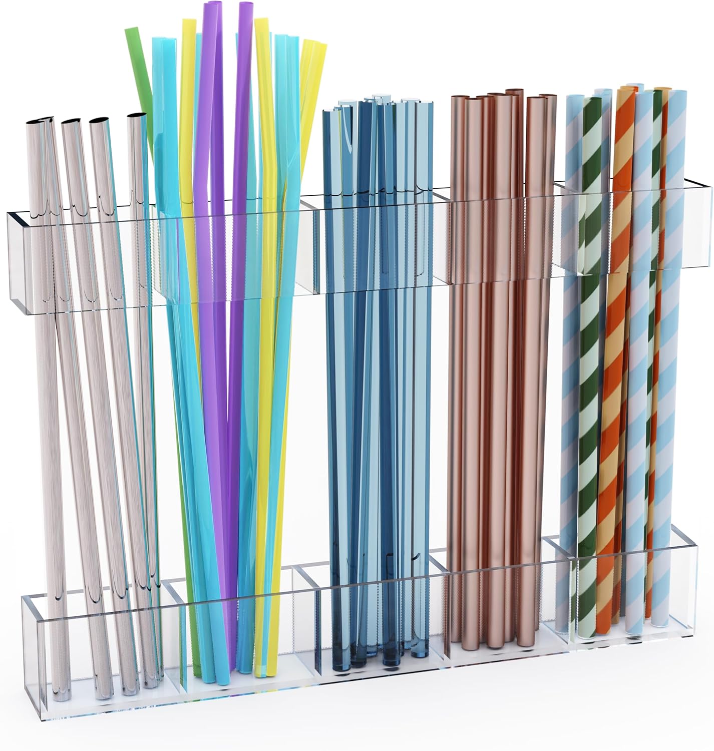 Upgraded 9.5'' Large Acrylic Straw Holder for Cabinet Door, Adjustable Space-Saving Straw Organizer Storage Dispenser for Cabinet with Ultra Sticky Adhesive Strips, 2-Part Rack, Drainage Holes