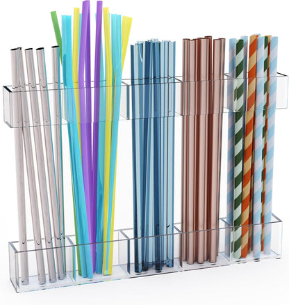 Upgraded 9.5'' Large Acrylic Straw Holder for Cabinet Door, Adjustable Space-Saving Straw Organizer Storage Dispenser for Cabinet with Ultra Sticky Adhesive Strips, 2-Part Rack, Drainage Holes