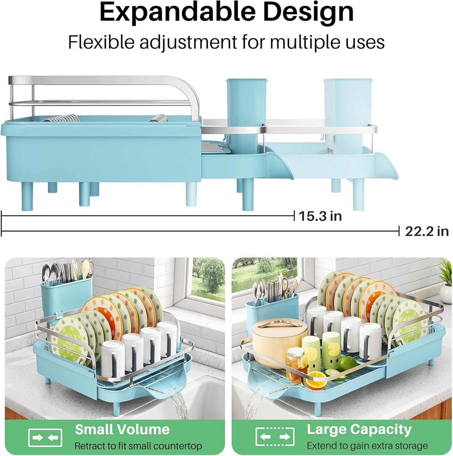SAYZH Dish Drying Rack - Expandable Dish Rack for Kitchen Counter, Rust-Resistant Dish Drainer with Utensil Holder and Raised Guardrail, Kitchen Organizer for Cup and Bottle (Black)