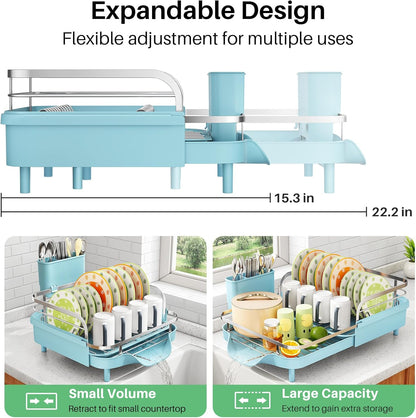 SAYZH Dish Drying Rack - Expandable Dish Rack for Kitchen Counter, Rust-Resistant Dish Drainer with Utensil Holder and Raised Guardrail, Kitchen Organizer for Cup and Bottle (Black)