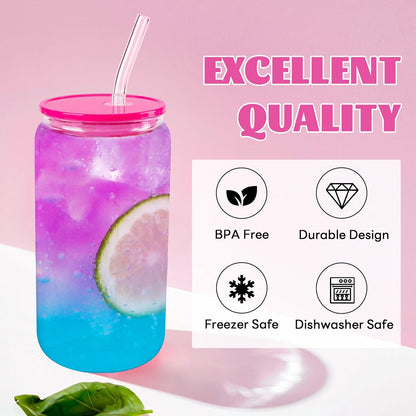 Joyclub 8pcs 16 oz Glass Cups with Acrylic Lids and Straws Can Shaped Iced Coffee Glasses Cute Tumbler Set Drinking Jars for Smoothie Soda Boba Beer Party Housewarming Gifts