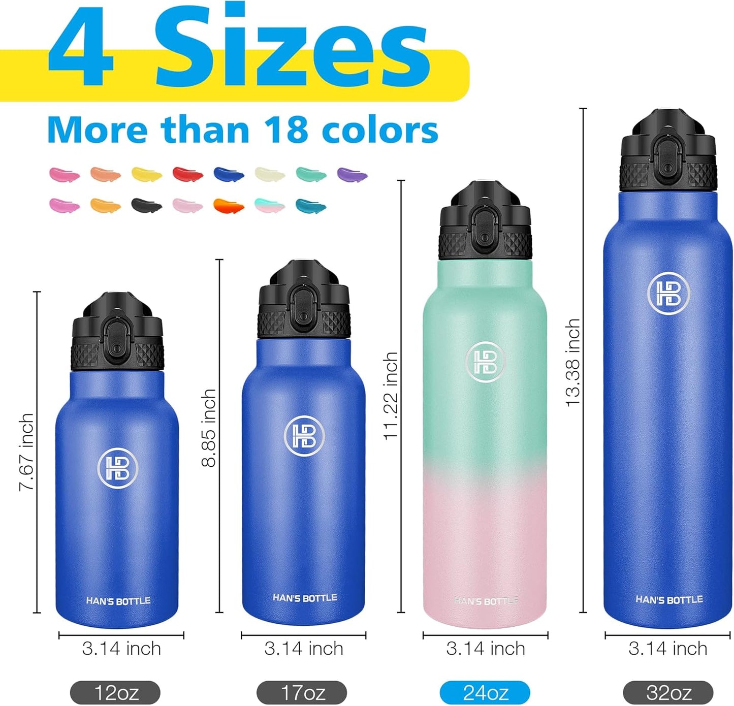 Han's Bottle Sports Water Bottle - 24 Oz, Straw Lid, Leak Proof, Vacuum Insulated Stainless Steel, Double Walled, Thermo Mug,Black