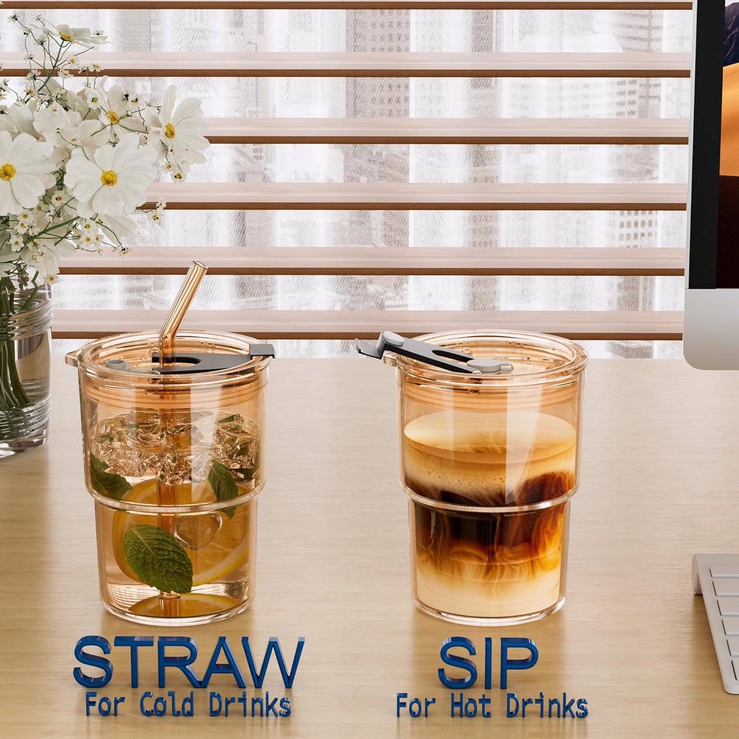 13 oz Iced Coffee Cup, Glass Tumbler with Straw and Lid for Tea, Matcha, Cold Brew, Sealed, Portable, Thick Wall, BPA-Free (Amber)