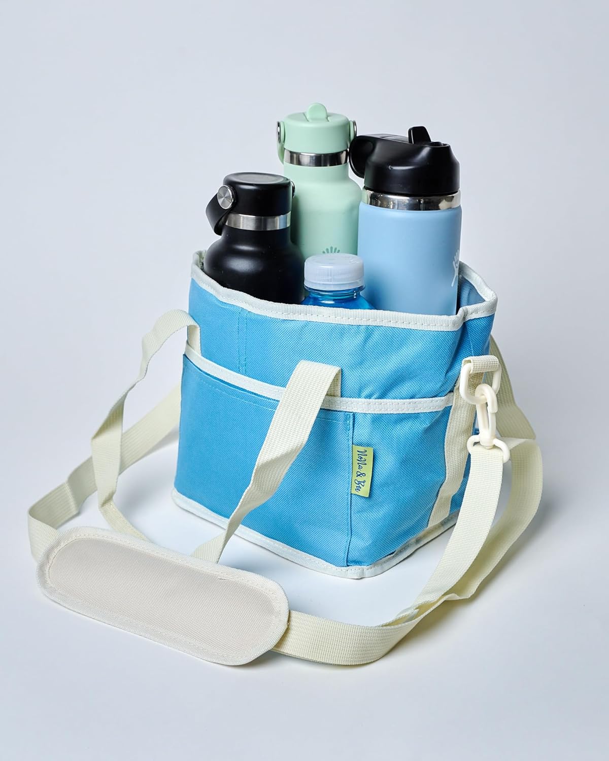 NoNa & Bee 4 Water Bottle Holder with Strap | Family Size 4 Compartment Drink Bag, Multiple Tumbler Carrier Caddy | Adjustable Fits Large & Small Drinks | Hands Free, Won't Tip Over in Car