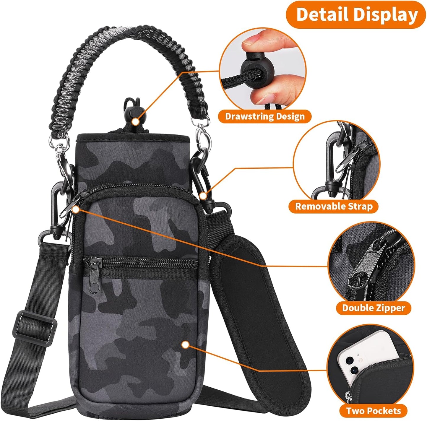 AceTreker 32/40/64/128 oz Neoprene Insulated Water Bottle Carrier Bag, Sling Bag Sleeve Pouch Holder with Strap & Paracord Handle and 2 Pocket for Travelling, Hiking, Camping