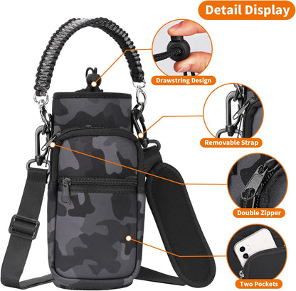 AceTreker 32/40/64/128 oz Neoprene Insulated Water Bottle Carrier Bag, Sling Bag Sleeve Pouch Holder with Strap & Paracord Handle and 2 Pocket for Travelling, Hiking, Camping