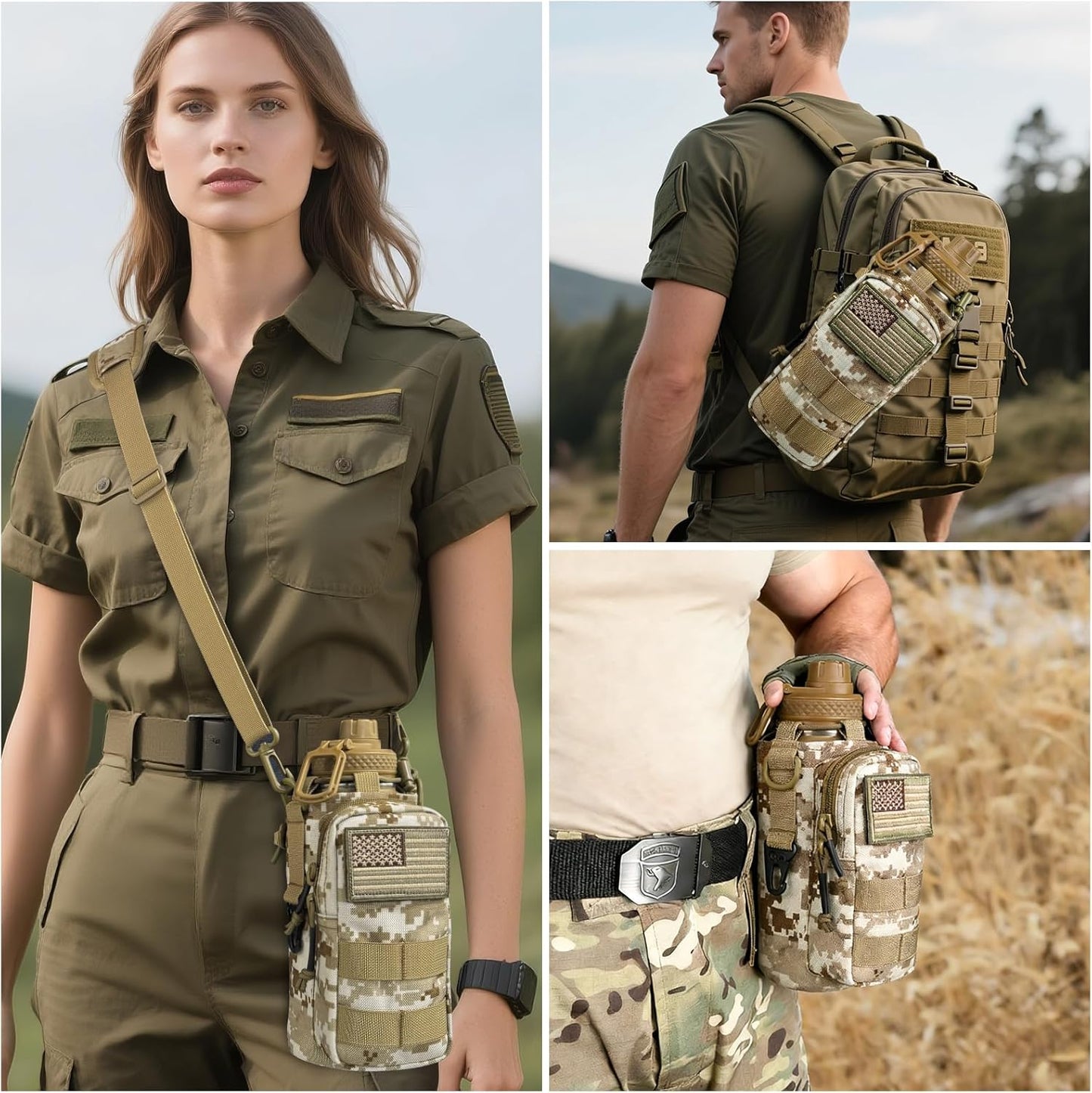 Water Bottle Holder with Strap - Tactical Insulated Water Bottle Sleeve with MOLLE System Water Bottle Cover Cross-Body Pouch for Walking Hiking Camping Gym 32oz&40oz