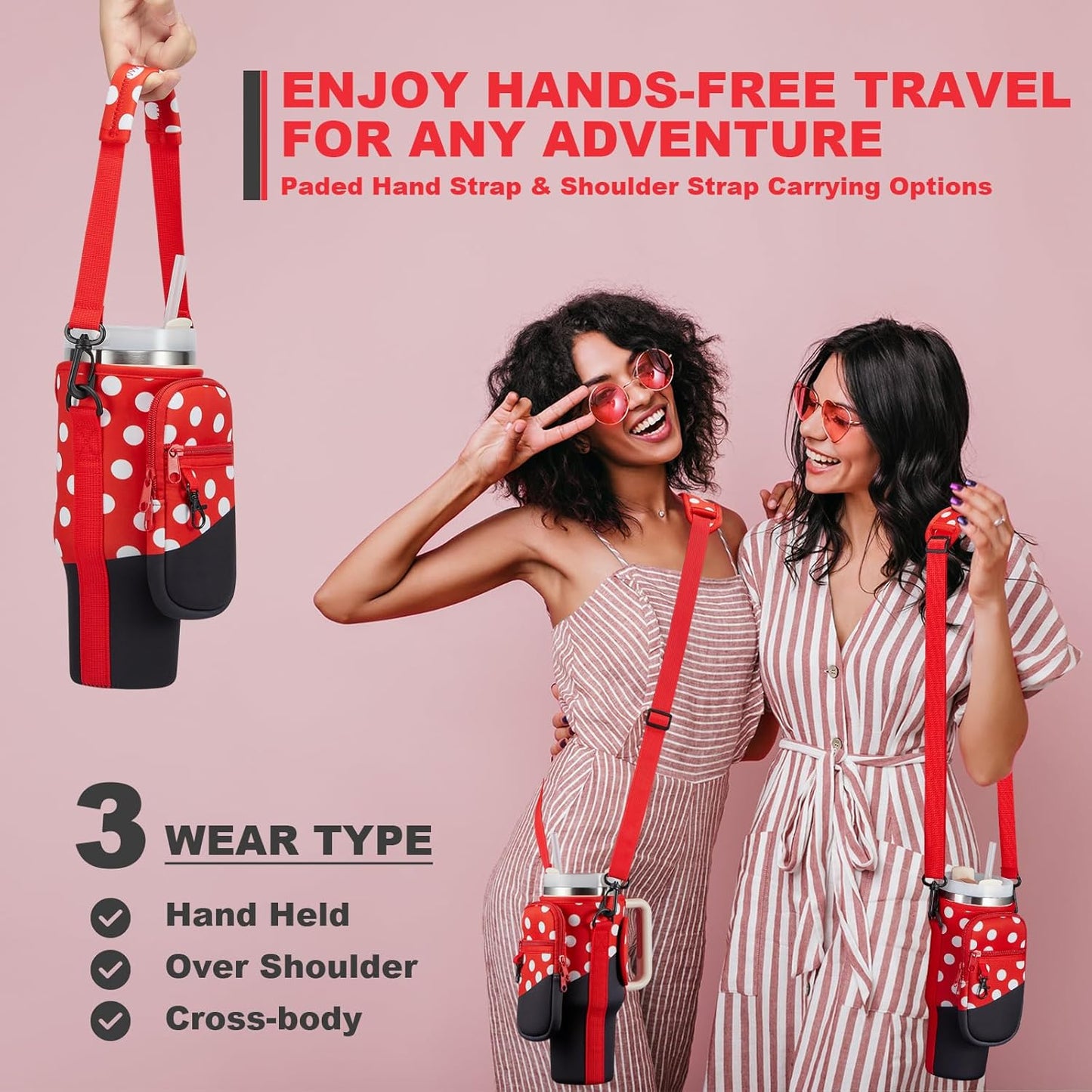 BULKITEM Water Bottle Carrier Bag with Phone Pocket for Stanley 40 & 30 oz Tumbler with Handle,Pink Insulated Neoprene Cup Holder Pouch w/Adjustable Strap for Quencher H2.0 Stanley Cup Accessories