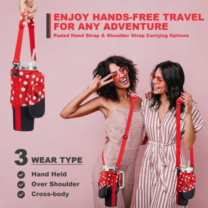 BULKITEM Water Bottle Carrier Bag with Phone Pocket for Stanley 40 & 30 oz Tumbler with Handle,Pink Insulated Neoprene Cup Holder Pouch w/Adjustable Strap for Quencher H2.0 Stanley Cup Accessories