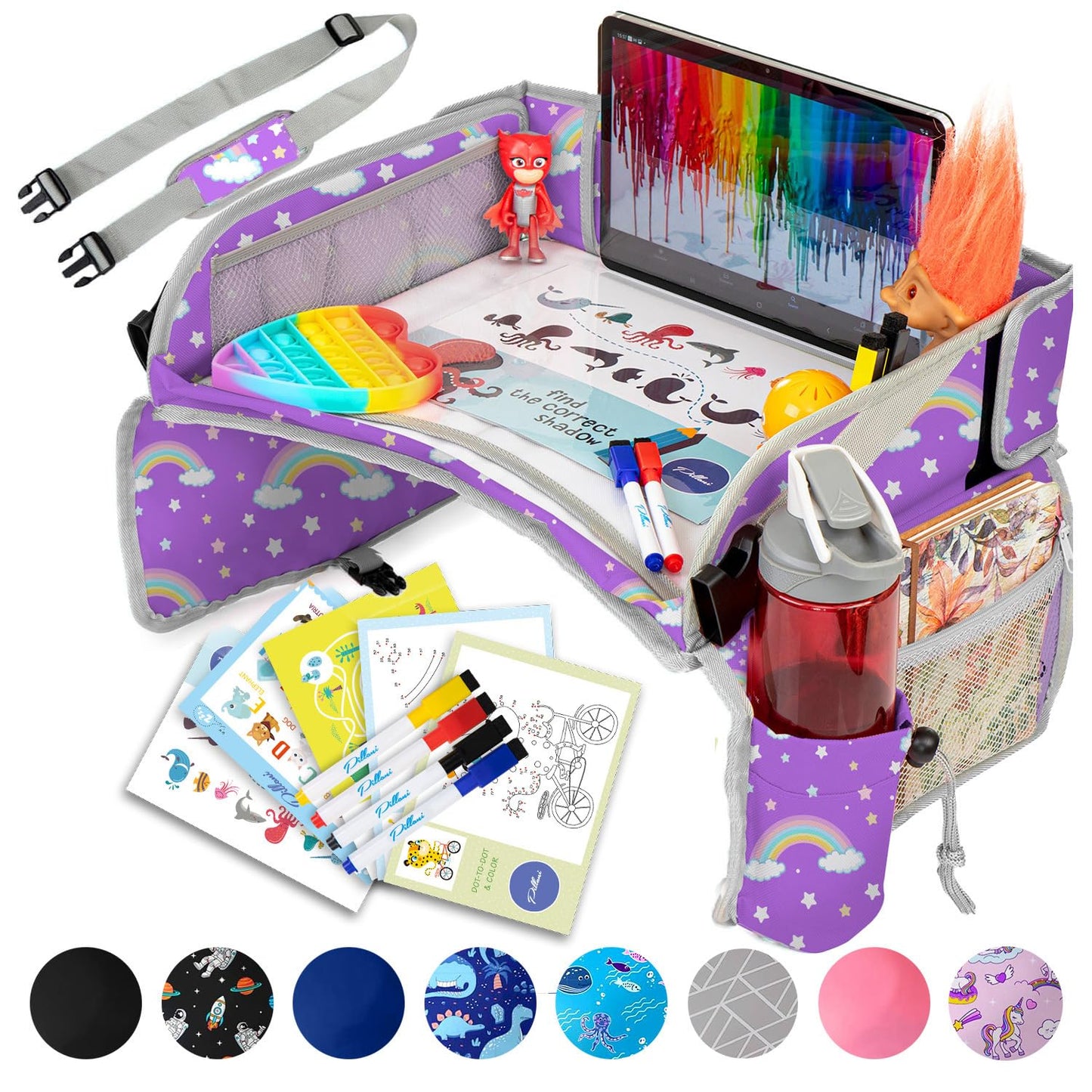 PILLANI Kids Travel Tray for Car - Car Seat Tray with Activity Sheets & Pens, Road Trip Essentials for Car & Airplane, Must Have Toddler Travel Lap Desk Accessories - Road Trip Activities for Kids