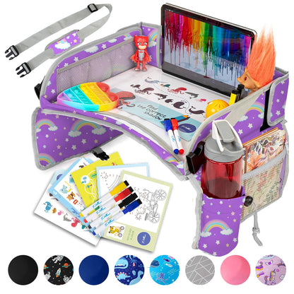 PILLANI Kids Travel Tray for Car - Car Seat Tray with Activity Sheets & Pens, Road Trip Essentials for Car & Airplane, Must Have Toddler Travel Lap Desk Accessories - Road Trip Activities for Kids