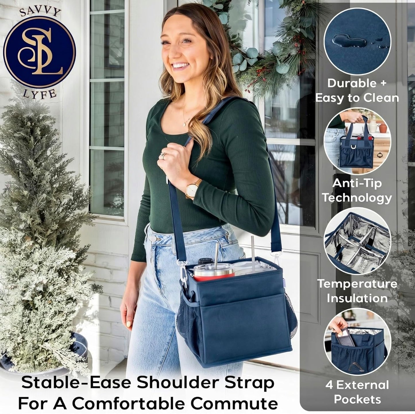 Reusable Drink Carrier with Handle – Tip-Resistant 4 Cup Carrier with Shoulder Strap for Delivery – Insulated, Foldable, Adjustable Dividers – Portable Caddy Tote Bag, Drink Holder for Car