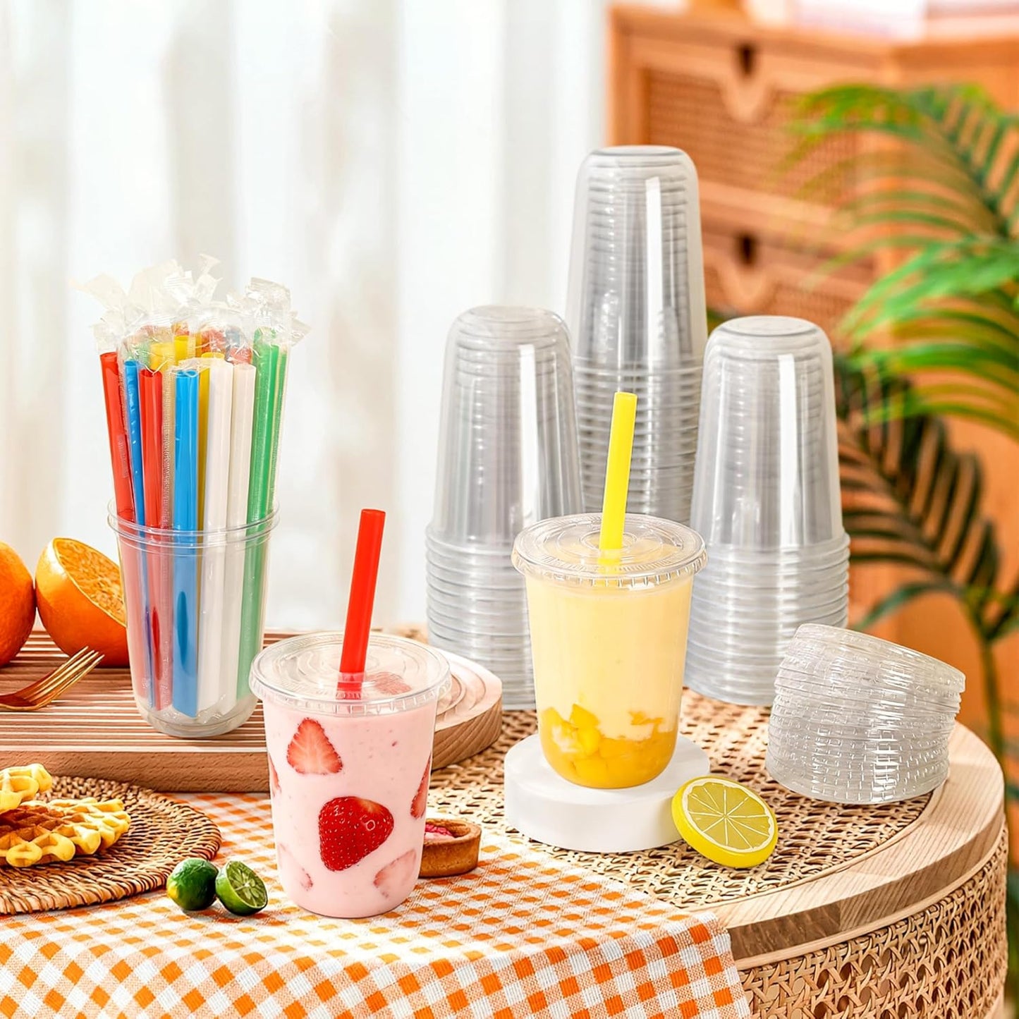 KesaPlan 50 Pack 16oz Clear Plastic Cups with Lids & Colorful Wide Straws, Disposable Smoothie Cup, Round Bottom To Go Drinking Cup for Bubble Tea, Iced Coffee, Milkshakes, Party Picnic Supply