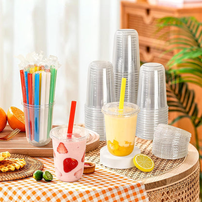 KesaPlan 50 Pack 16oz Clear Plastic Cups with Lids & Colorful Wide Straws, Disposable Smoothie Cup, Round Bottom To Go Drinking Cup for Bubble Tea, Iced Coffee, Milkshakes, Party Picnic Supply