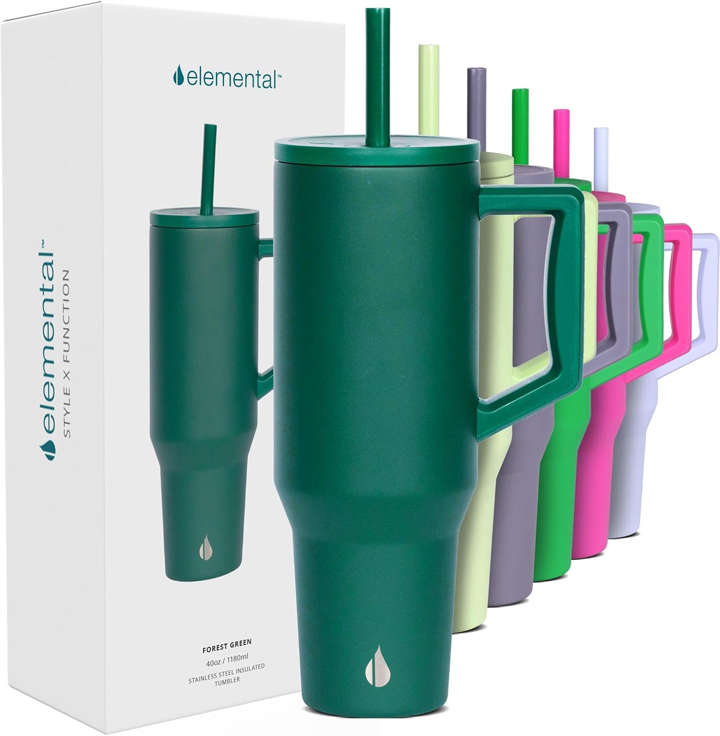 Elemental 32 oz 100% Leak Proof Tumbler with Handle & Straw - Stainless Steel Double Wall Insulated Tumbler for Hot and Cold Beverages - Travel Coffee Mug with Sip & Straw Lid - White - Colors B