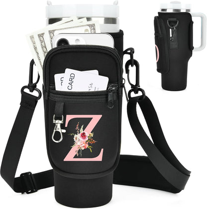 Initial Water Bottle Holder with Strap for Stanley Cup Accessories 40 oz/Simple Modern Tumbler, Birthdays for Women Girls, Water Bottle Carrier Bag with Phone Pocket,Hiking Walking Gym Camping