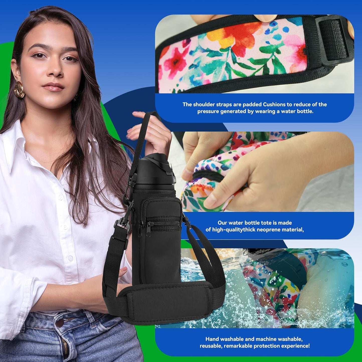 Neoprene Water Bottle Holder Bag with Cell Phone Pocket Compatible with Owala FreeSip 24 oz，Water Bottle Carrying Bag ，with Adjustable Shoulder Strap,for 24oz Stainless Steel Water Bottle