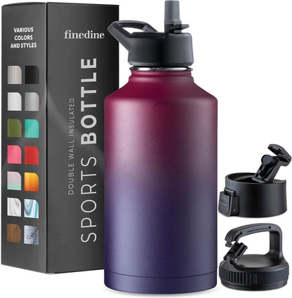FineDine Water Bottle - Stainless Steel Insulated Water Bottle with Straw Lid, Flip Lid & Wide-Mouth Cap - Keeps Hot and Cold - 25 Oz / 739ml - Dreamy Purple