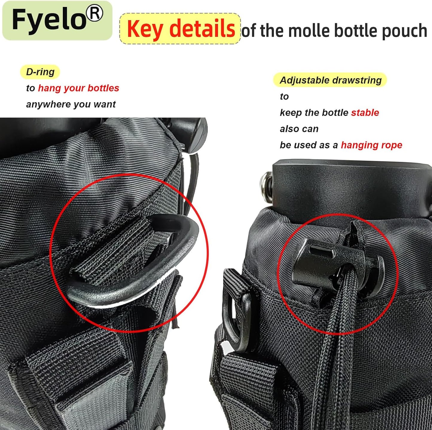 Tactical MOLLE Bottle Pouch Bag, Travel/Sprots Molle Water Bottle Holder with Drawstring Open Top and Mesh Bottom