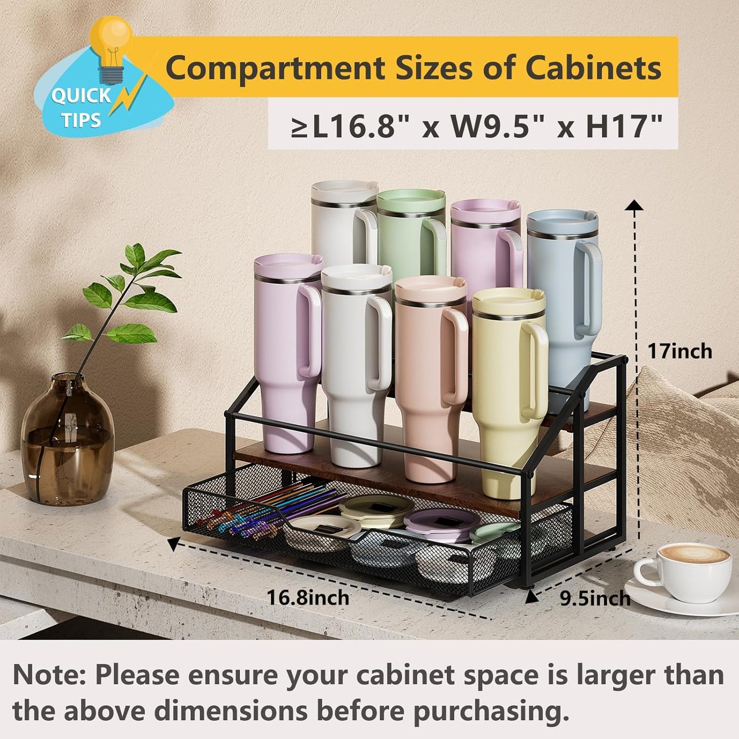 MOJOHAND Water Bottle Organizer for Full Stanley and Others' Large Tumbler Organization, Pantry Kitchen Organizers and Storage for Cup Accessories, Water Bottle Holder Wine Rack - 3 Tier Hold 12