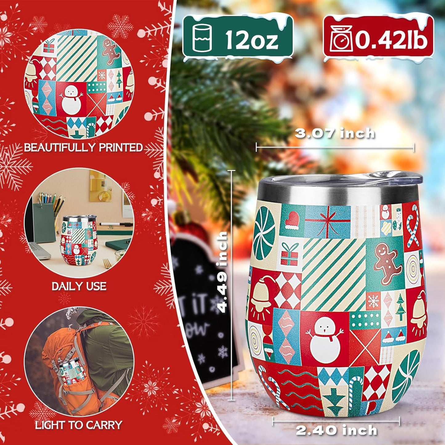 12oz/4 Pack Wine Tumbler Glasses with Lid Stemless Double Wall Vacuum Stainless Steel Travel Tumbler Keeping Cold & Hot for Wine,Coffee,Cocktails,Drinks-Family and Gifts (Multi color-dark)
