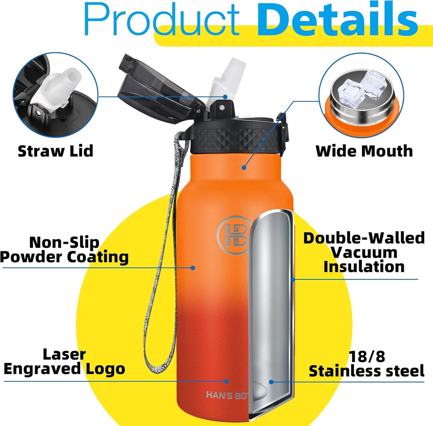 Han's Bottle Sports Water Bottle - 24 Oz, Straw Lid, Leak Proof, Vacuum Insulated Stainless Steel, Double Walled, Thermo Mug,Black