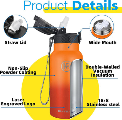 Han's Bottle Sports Water Bottle - 24 Oz, Straw Lid, Leak Proof, Vacuum Insulated Stainless Steel, Double Walled, Thermo Mug,Black