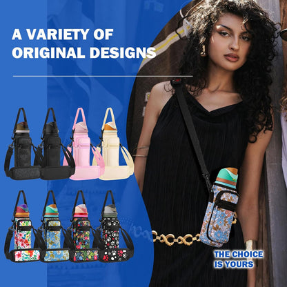 Neoprene Water Bottle Holder Bag with Cell Phone Pocket Compatible with Owala FreeSip 24 oz，Water Bottle Carrying Bag ，with Adjustable Shoulder Strap,for 24oz Stainless Steel Water Bottle