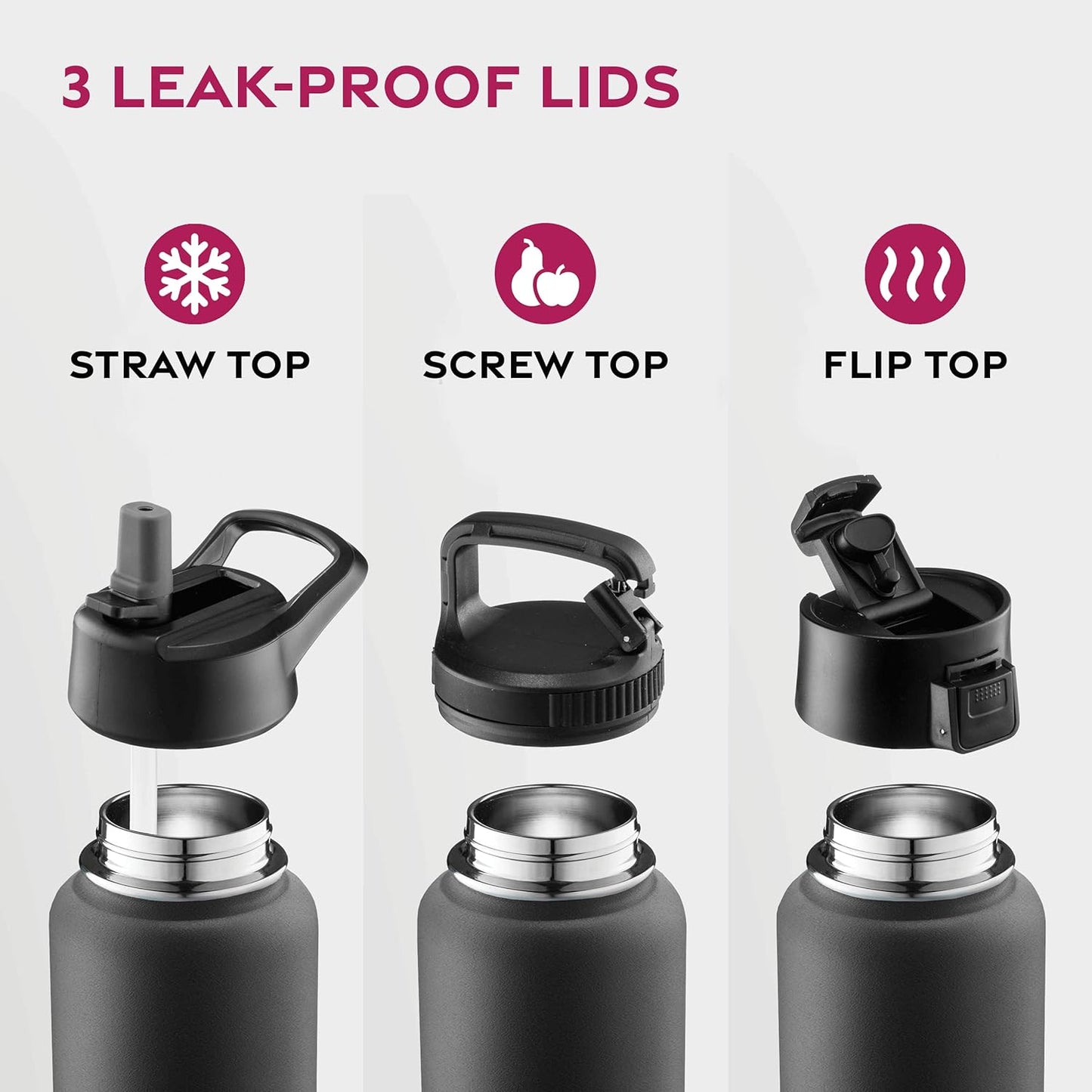 FineDine Water Bottle - Stainless Steel Insulated Water Bottle with Straw Lid, Flip Lid & Wide-Mouth Cap - Keeps Hot and Cold - 25 Oz / 739ml - Dreamy Purple
