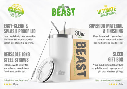 Beast 10 oz Tumbler Stainless Steel Vacuum Insulated Coffee Ice Cup Double Wall Travel Flask (Arctic White)