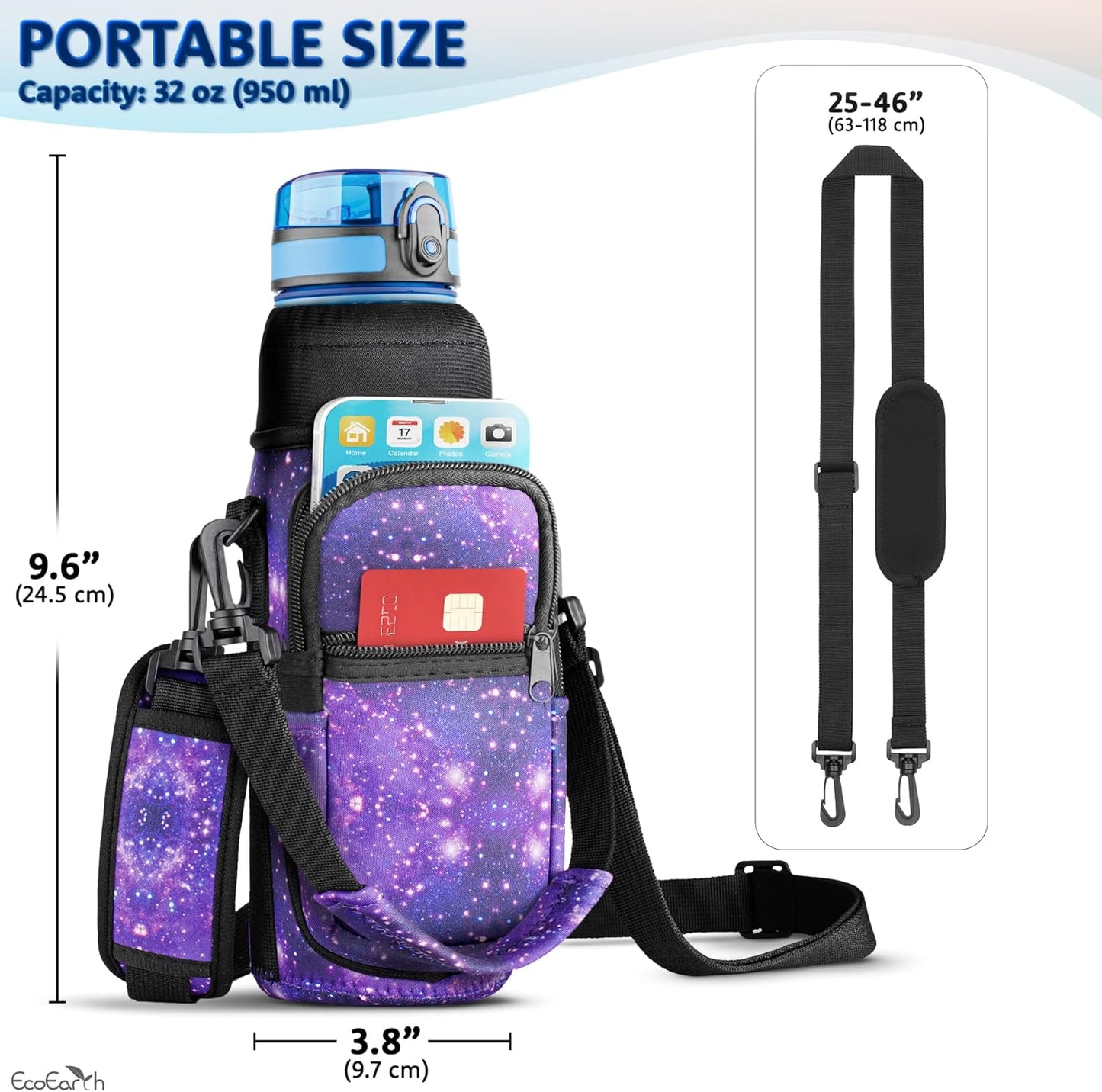 EcoEarth - Water Bottle Holder with Strap - Water Bottle Carrier Bag for Hiking - Crossbody Hydration Pouch with Phone Holder