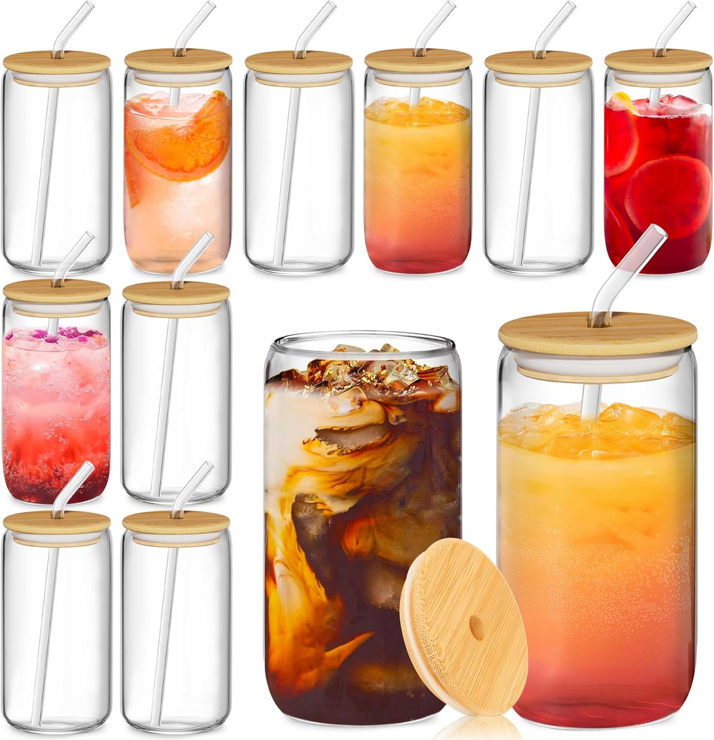 12 Pcs Glass Cups with Bamboo Lids and Straws - 16oz Glass Tumbler, Iced Coffee Cup, Can Shaped Drinking Glasses for Coffee, Tea, Smoothie, Juice, Cocktail Include 2 Cleaning Brushes