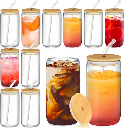 12 Pcs Glass Cups with Bamboo Lids and Straws - 16oz Glass Tumbler, Iced Coffee Cup, Can Shaped Drinking Glasses for Coffee, Tea, Smoothie, Juice, Cocktail Include 2 Cleaning Brushes