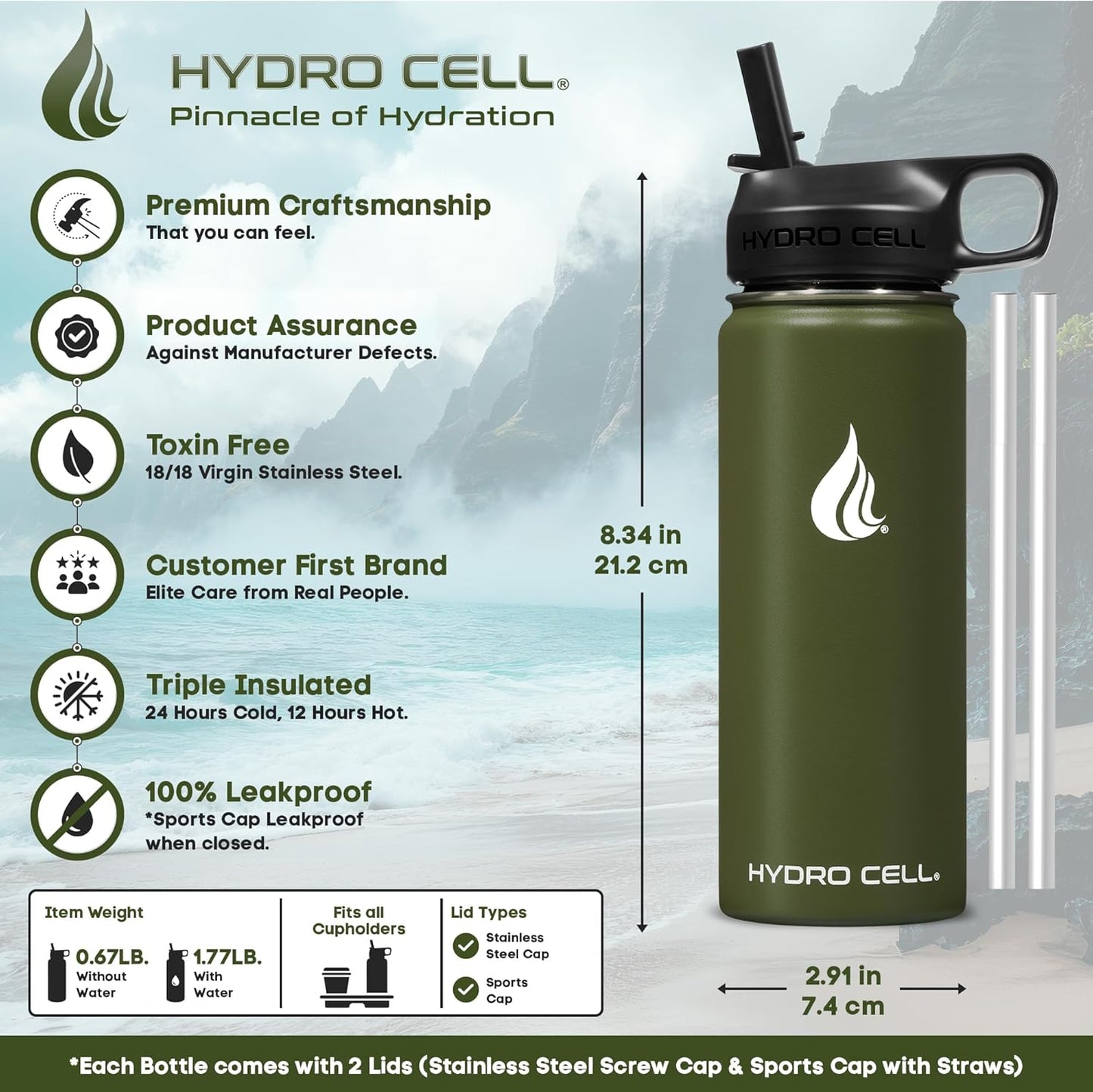 HYDRO CELL Stainless Steel Insulated Water Bottle with Straw - For Cold & Hot Drinks - Metal Vacuum Flask with Screw Cap and Modern Leakproof Sport Thermos for Adults (Neon 18oz)