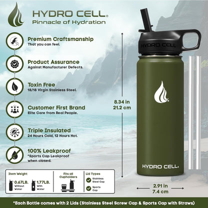 HYDRO CELL Stainless Steel Insulated Water Bottle with Straw - For Cold & Hot Drinks - Metal Vacuum Flask with Screw Cap and Modern Leakproof Sport Thermos for Adults (Neon 18oz)