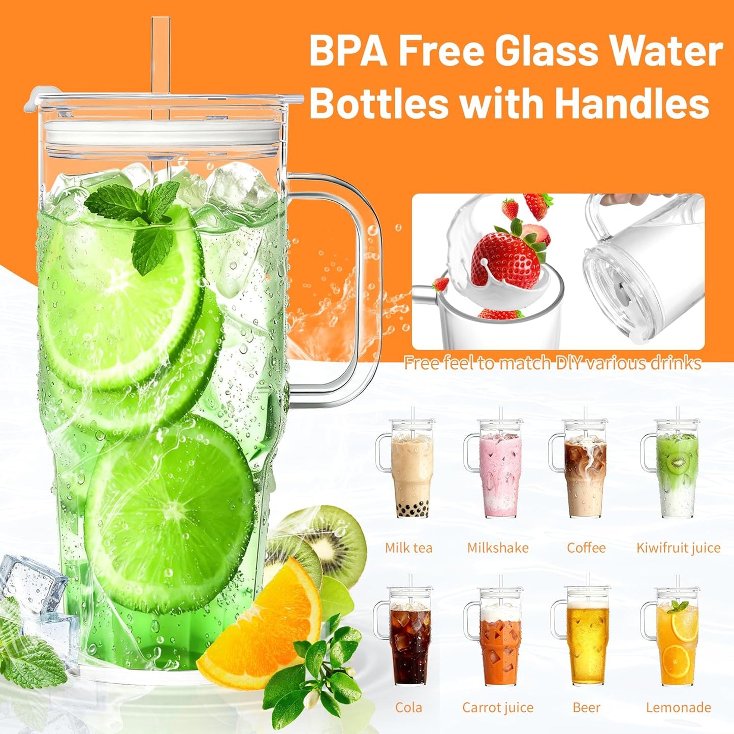 2Pack 40OZ Glass Tumbler with Handle,Glass Cup with Lid and Straw,Reusable Glass Iced Coffee Cup for Beer, Smoothies, Juice,Hot/Cold Drinks-Suitable for Birthday,Wedding