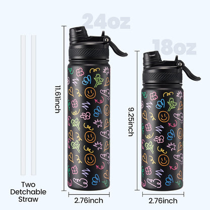 Fijinhom 18 oz Insulated Water Bottle, 2-in-1 Straw and Spout Lid Stainless Steel Thermos, Leak-Proof, Double Wall Vacuum Flask, Keep Cold 24H for Outdoor, Sports, Travel, School (Black)