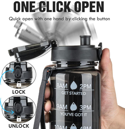 OLDLEY Water Bottle, 32oz Motivational Sports Water Bottle with Time Marker - Times to Drink - Tritan, BPA Free, Wide Mouth Leakproof, Clear (1 Bottle)