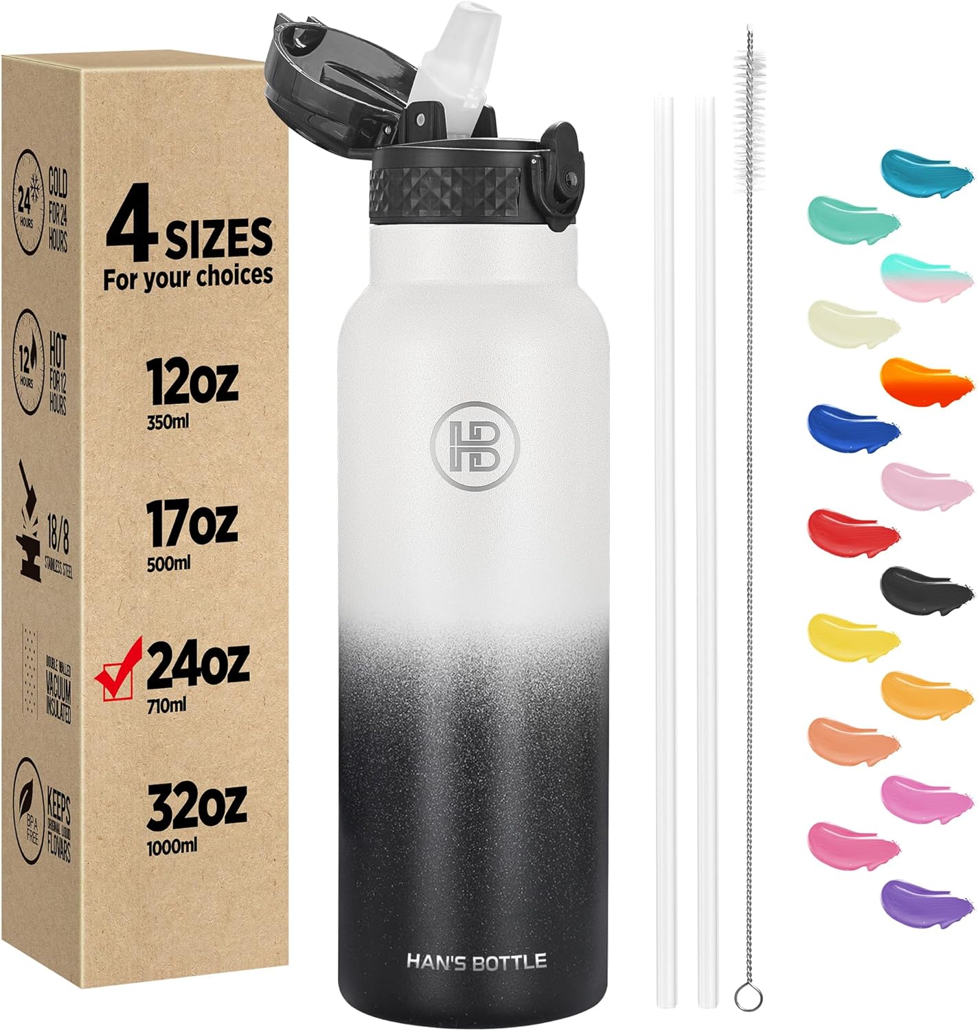 Han's Bottle Sports Water Bottle - 24 Oz, Straw Lid, Leak Proof, Vacuum Insulated Stainless Steel, Double Walled, Thermo Mug,Black