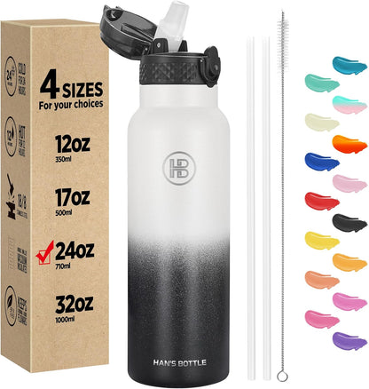 Han's Bottle Sports Water Bottle - 24 Oz, Straw Lid, Leak Proof, Vacuum Insulated Stainless Steel, Double Walled, Thermo Mug,Black