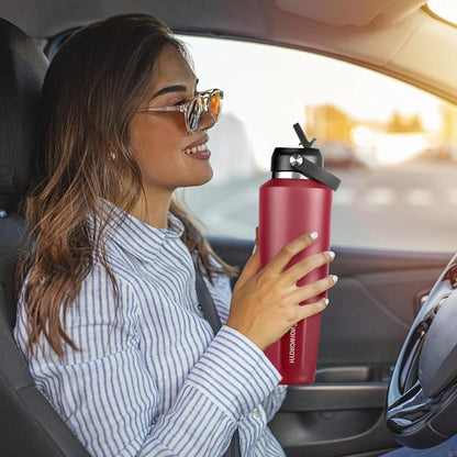 HYDROWION 32oz Stainless Steel Water Bottle(Cold for 48 Hrs, Hot for 24 Hrs),Double Wall Vacuum Insulated Water Bottle with Straw Lid, Spout Lid and Flex Cap, Fit in Any Car Cup Holder,Black