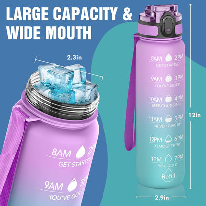 OLDLEY Water Bottle, 32oz Motivational Sports Water Bottle with Time Marker - Times to Drink - Tritan, BPA Free, Wide Mouth Leakproof, Clear (1 Bottle)