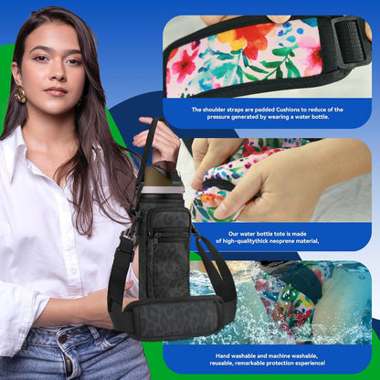 Neoprene Water Bottle Holder Bag with Cell Phone Pocket Compatible with Owala FreeSip 24 oz，Water Bottle Carrying Bag ，with Adjustable Shoulder Strap,for 24oz Stainless Steel Water Bottle